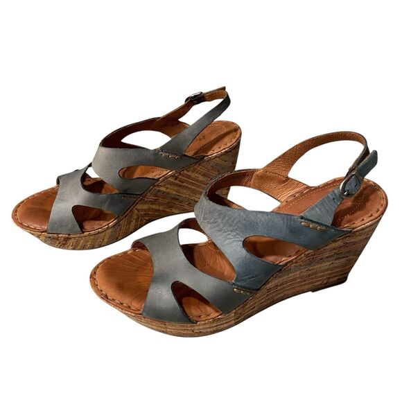 Born Shoes - Born Leather Cork Wedge Sandals Womens 9 Blue Gray Slingback Comfort Platform